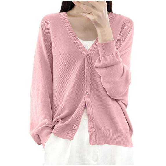 Womens Button Down Knit Cardigans Long Sleeve V Neck Casual Cardigan Sweaters Light Weight Loose Lounge Wear Fall Pink, M
