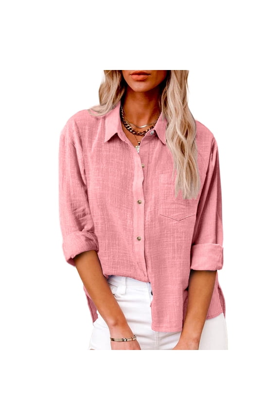 Womens Button Down Linen Shirts V Neck Roll Up Cuffed Sleeve Blouses