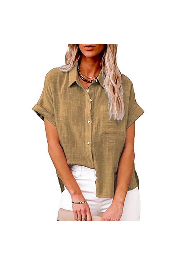 Womens Button Down Linen Shirts V Neck Roll Up Cuffed Sleeve Blouses