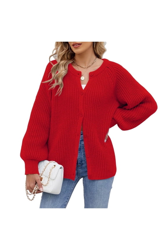 Womens Button Down Long Sleeve Chunky Soft Knit Sweater Fall Open Front Loose Casual Cardigan Coat Flame Red XL