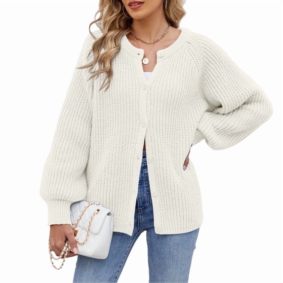Womens Button Down Long Sleeve Chunky Soft Knit Sweater Fall Open Front Loose Casual Cardigan Coat White M