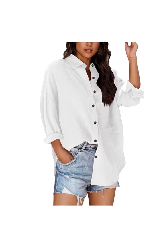 Womens Button Down Oversized Cotton Shirts Casual Long Sleeve Collared Shirt Loose Boyfriend Solid Tunic Tops Fall Blouses with Chest Pocket