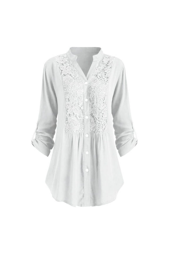 Womens Button Down Plus Size Shirts Rollable Long Sleeve V Neck Floral Lace Pleated Swing Tunic Tops Blouses (3X-Large, White)
