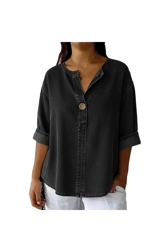 Womens Button Down Shirt 2026 Denim V Neck 3/4 Sleeve Button Down Loose Casual Blouse Summer Tops