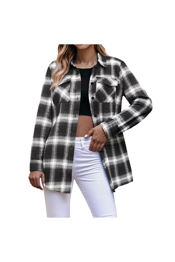 Womens Button Down Shirt Casual Fashion Dressy Plaid Shirts Fall Long Sleeve Lightweight Shacket with Pockets Black M