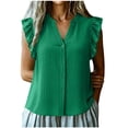 thumbnail image 1 of Womens Button Down Shirt Casual Ruffle Short Sleeve V Neck Textured Trendy Summer Tops Work Blouse (M, Green), 1 of 6