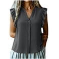 thumbnail image 1 of Womens Button Down Shirt Casual Ruffle Short Sleeve V Neck Textured Trendy Summer Tops Work Blouse (S, Gray), 1 of 6