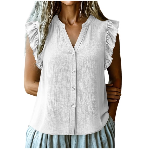 Womens Button Down Shirt Casual Ruffle Short Sleeve V Neck Textured Trendy Summer Tops Work Blouse (XL, White)