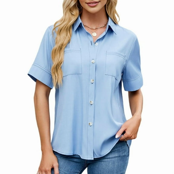 Womens Button Down Shirt Casual Short Sleeve Collared Work Blouse with Pocket Light Blue XXL