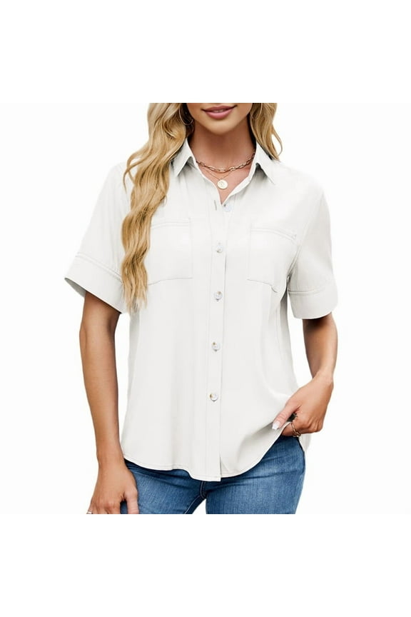 Womens Button Down Shirt Casual Short Sleeve Collared Work Blouse with Pocket White XXL