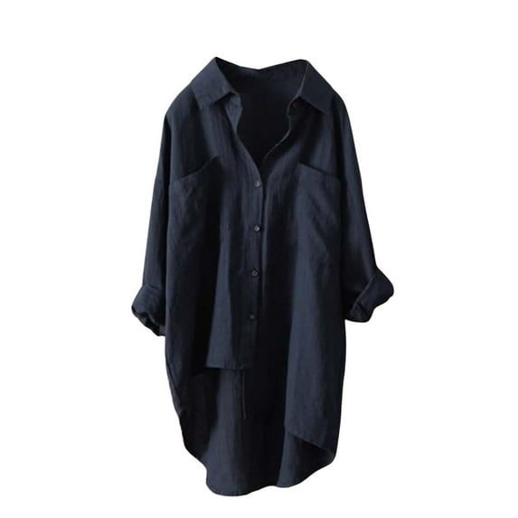Womens Button Down Shirt, Comdrip Womens Casual Long Sleeve Drop Shoulder Blouses Solid Color Dress Shirts with Pockets Button Up Shirt Women Blue L
