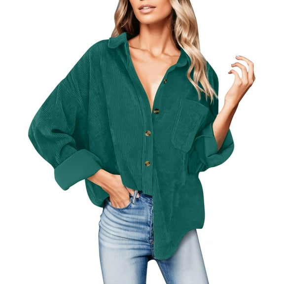 Womens Button Down Shirt Corduroy Long Sleeve V-Neck Collared Plain Blouses Oversized Baggy Solid Loose Fit Tops with Pocket
