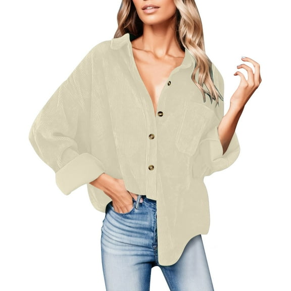 Womens Button Down Shirt Corduroy Long Sleeve V-Neck Collared Plain Blouses Oversized Baggy Solid Loose Fit Tops with Pocket