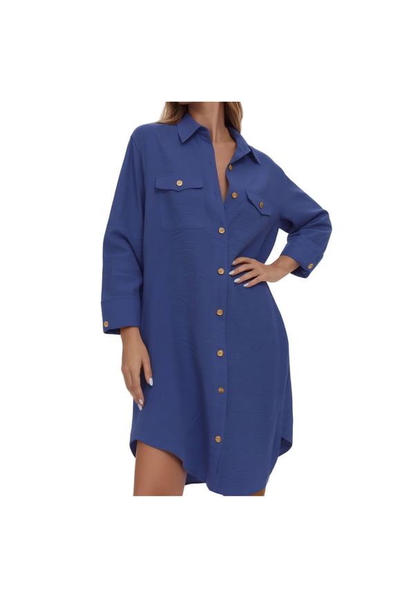 Womens Button Down Shirt Dress Casual Loose Solid Color Long Sleeve Blouses Fall Winter Work Office Oversized Long Tops