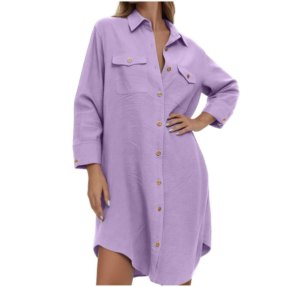 Womens Button Down Shirt Dress Casual Loose Solid Color Long Sleeve Blouses Fall Winter Work Office Oversized Long Tops