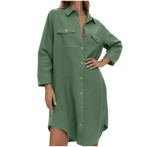 Womens Button Down Shirt Dress Casual Loose Solid Color Long Sleeve Blouses Fall Winter Work Office Oversized Long Tops