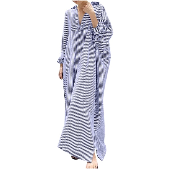 Womens Button Down Shirt Dresses Casual Long Sleeve Cotton Striped Maxi Shirts Dress Lapel Irregular Tunics Oversized Long Dress with Pockets