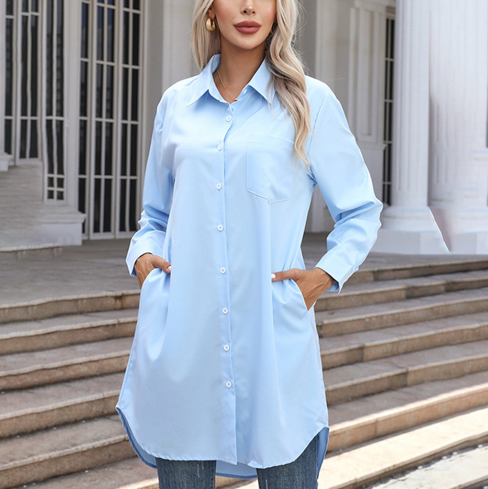Womens Button Down Shirt Dresses Classic Long Sleeve Turndown Collar