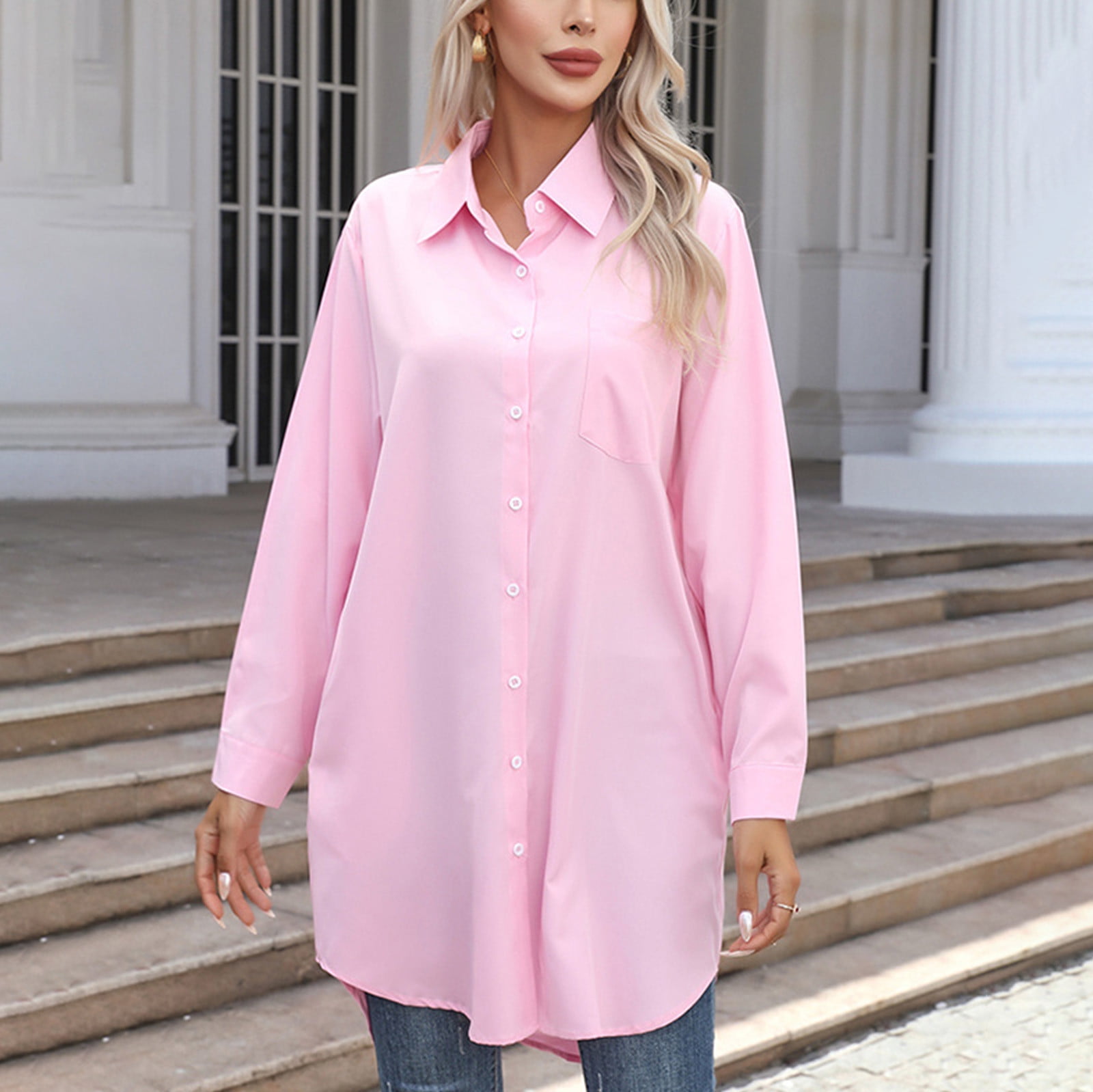 Womens Button Down Shirt Dresses Classic Long Sleeve Turndown Collar Business Work Tops
