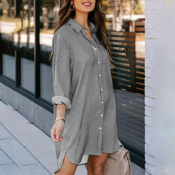 Womens Button Down Shirt Dresses with Pockets Cotton Striped Shirts Collared Tunics Long Sleeve High Low Blouse Tops Black M