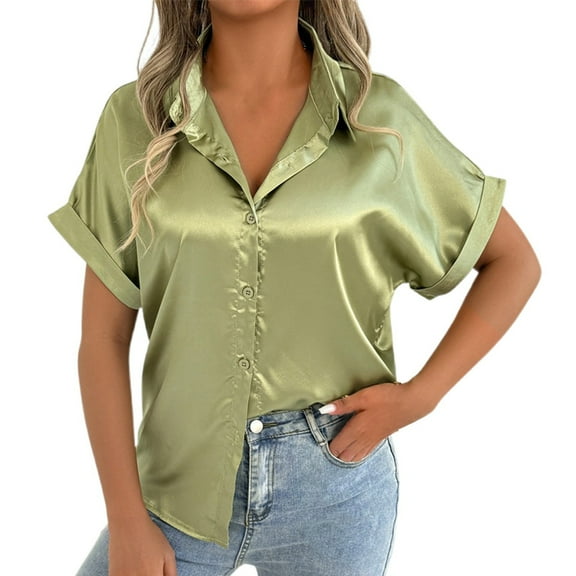 Womens Button Down Shirt Fashion Satin Comfy Solid Color Lapel Collar Short Sleeved Tunic Tops Stretch Comfy Loose Fit Blouses