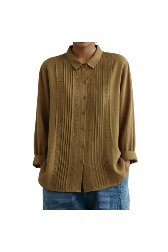 Womens Button Down Shirt Korean Retro Cotton Lace Splicing Pleated Loose Lapel Long Sleeve Blouse Summer Tops