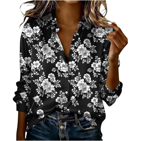 Womens Button Down Shirt Long Sleeve Blouse Business Work Tops Dressy Casual Floral Printed Outfits