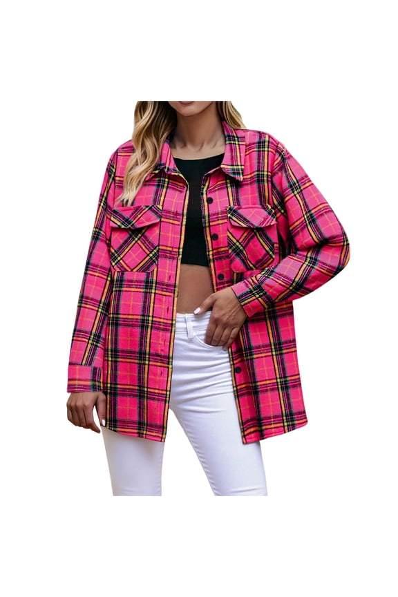 Womens Button Down Shirt Long Sleeve Dressy Fall Lightweight Shacket Casual Fashion Plaid Shirts with Pockets Hot Pink 2XL