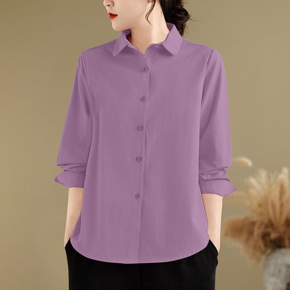 Womens Button Down Shirt Long Sleeve Classic-Fit Dress Shirts Solid Work Office Blouse Purple XL