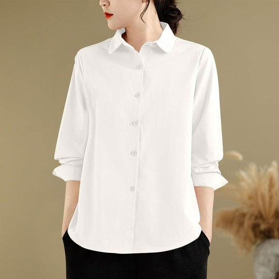 Womens Button Down Shirt Long Sleeve Classic-Fit Dress Shirts Solid Work Office Blouse White L