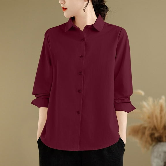 Womens Button Down Shirt Long Sleeve Classic-Fit Dress Shirts Solid Work Office Blouse Wine L
