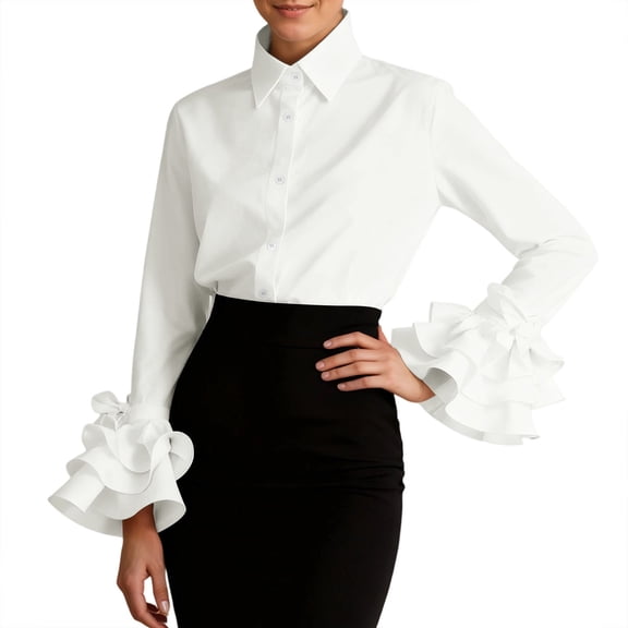 Womens Button Down Shirt Long Sleeve Dress Shirts Solid Work Blouse with Ruffle and Tie Detail White XXL