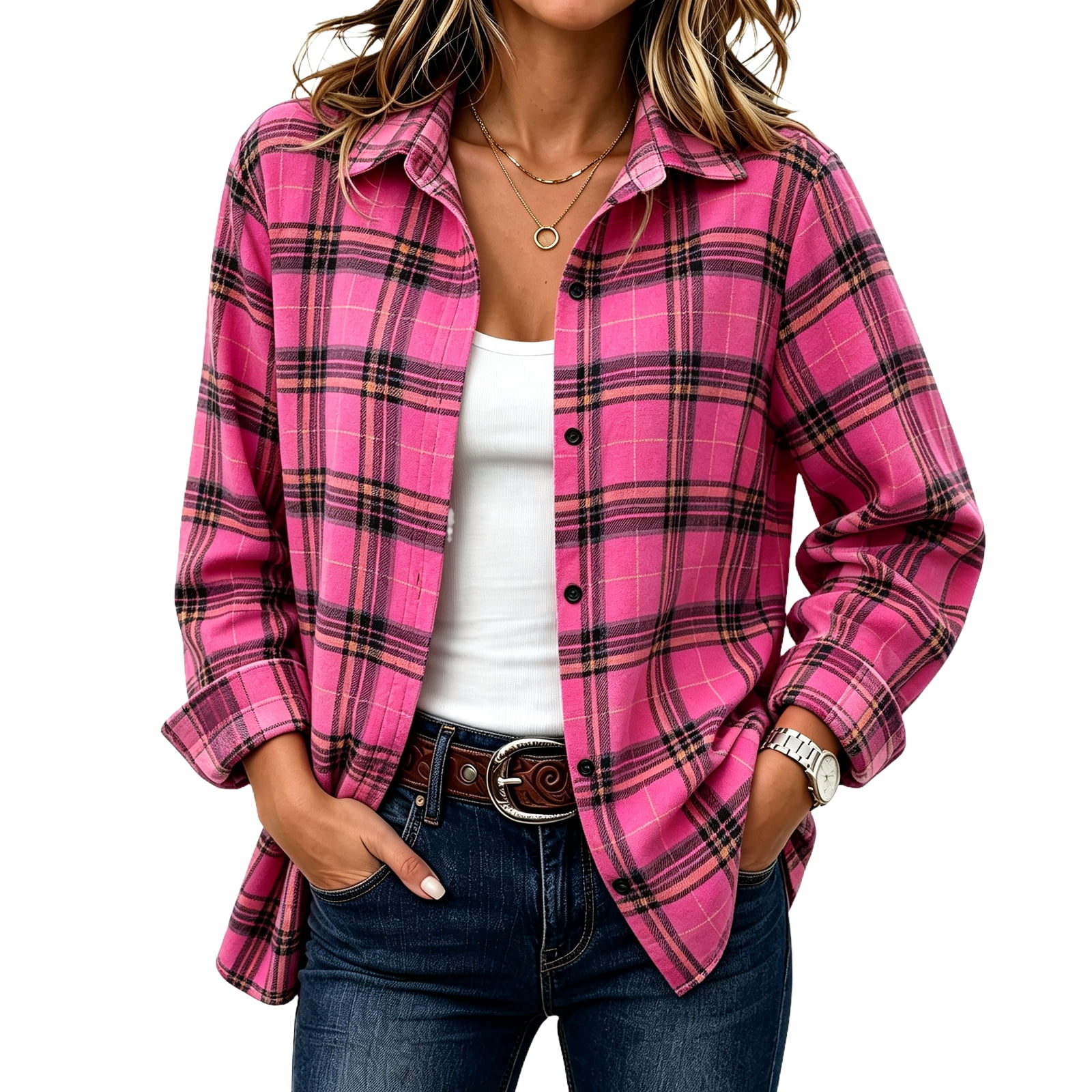 Womens Button Down Shirt Long Sleeve Plaid Checkered Collared Blouse ...