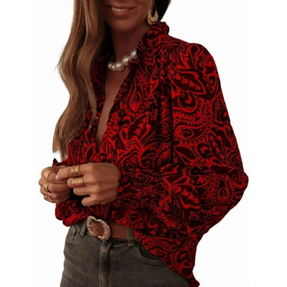 Womens Button Down Shirt Long Sleeve V-Neck Blouse Business Work Tops Dressy Casual Floral Printed Tops Red Flower M