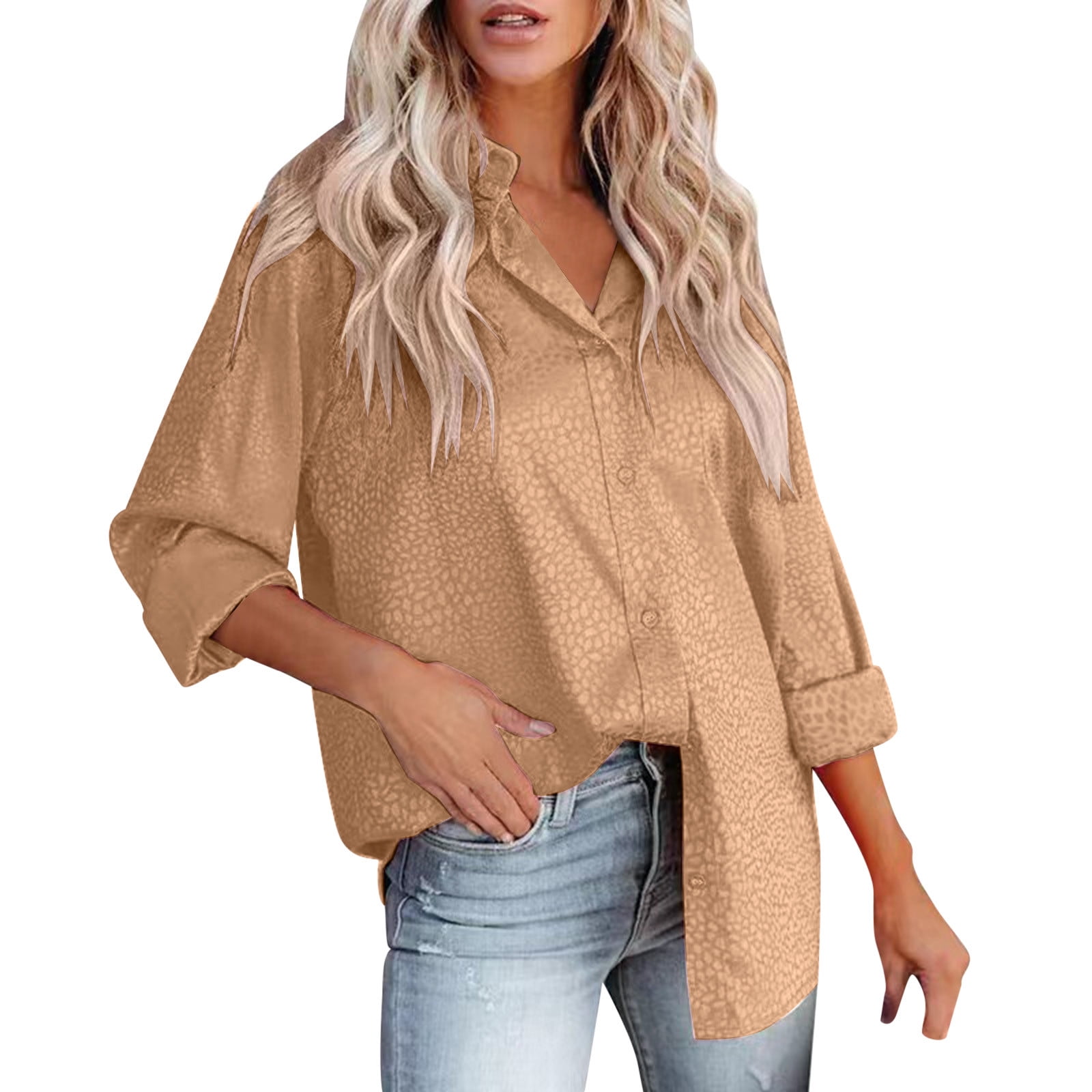 Womens Button Down Shirt Long Sleeve V Neck Dress Shirts Casual Loose ...