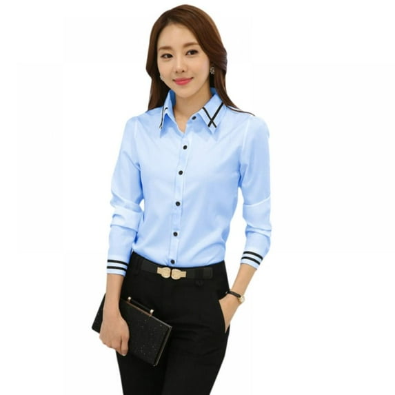 Womens Button Down Shirt Long Sleeve Work Dress Shirts V Neck Office Casual Blouses