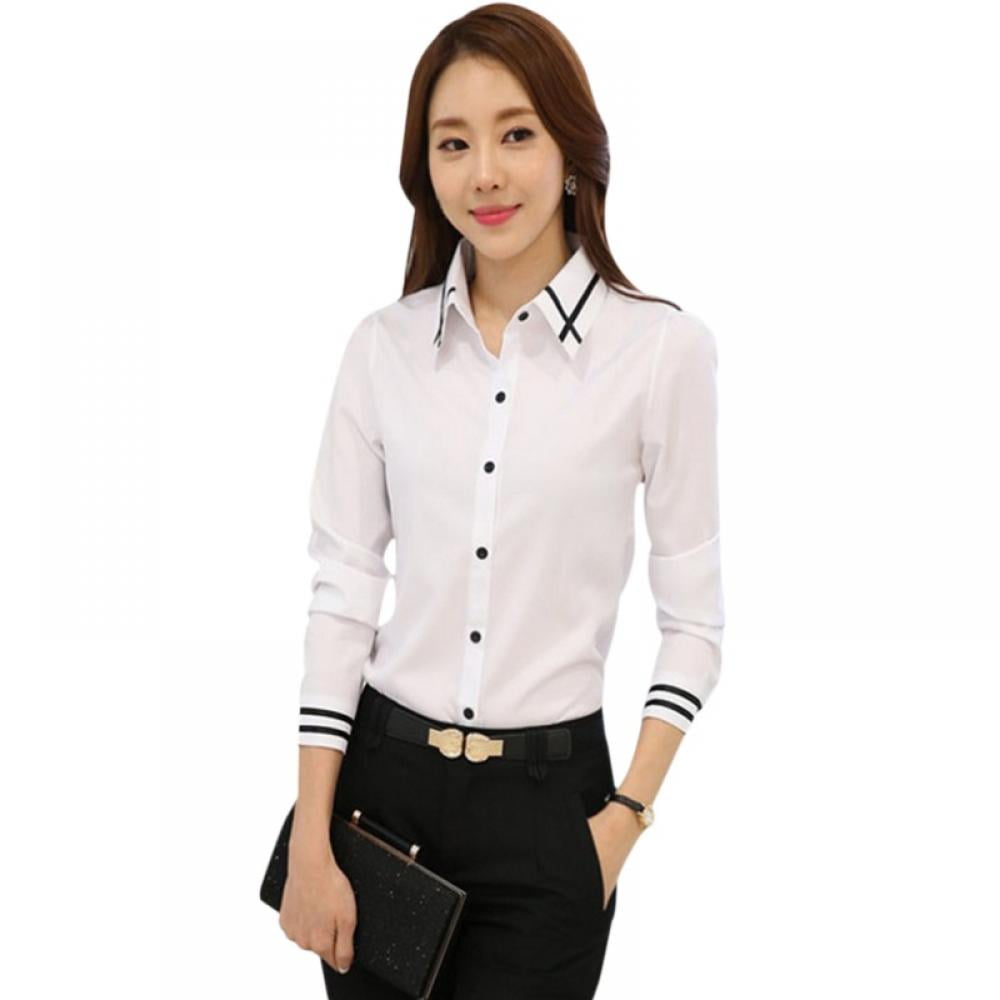 Womens Button Down Shirt Long Sleeve Work Dress Shirts V Neck Office ...