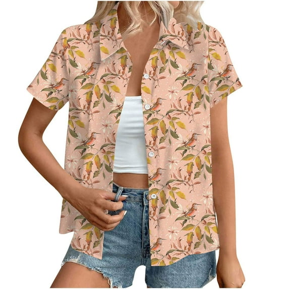 Womens Button Down Shirt Plus Size Summer Casual Short Sleeve Lapel Casual Printed Button Up T Shirt Fashion