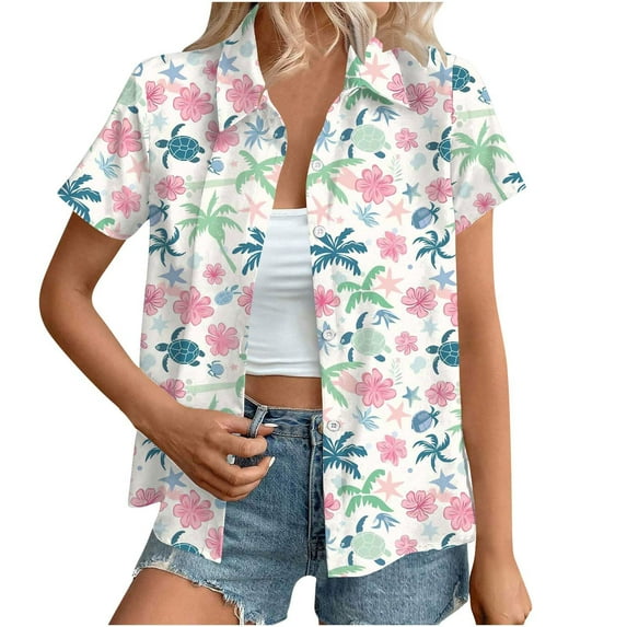 Womens Button Down Shirt Plus Size Summer Casual Short Sleeve Lapel Casual Printed Button Up T Shirt Fashion