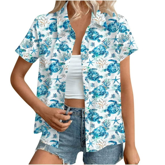 Womens Button Down Shirt Plus Size Summer Casual Short Sleeve Lapel Casual Printed Button Up T Shirt Fashion