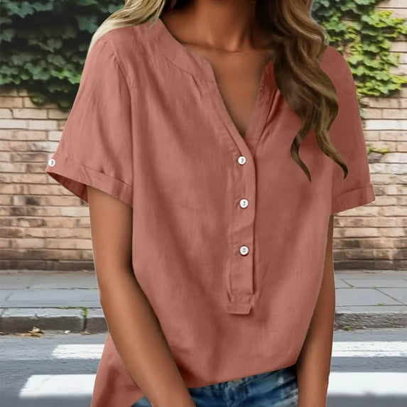 Womens Button Down Shirt Short Sleeve Blouse V Neck Dressy Casual Business Work Tops Pink L