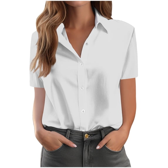 Womens Button Down Shirt Short Sleeve Business Casual Blouses Lapel Collar Office Work Tops Summer Outfits (L, White)