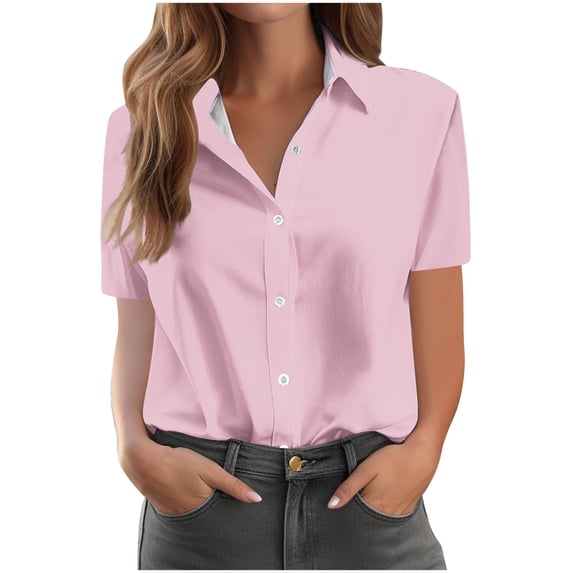 Womens Button Down Shirt Short Sleeve Business Casual Blouses Lapel Collar Office Work Tops Summer Outfits (M, Pink)