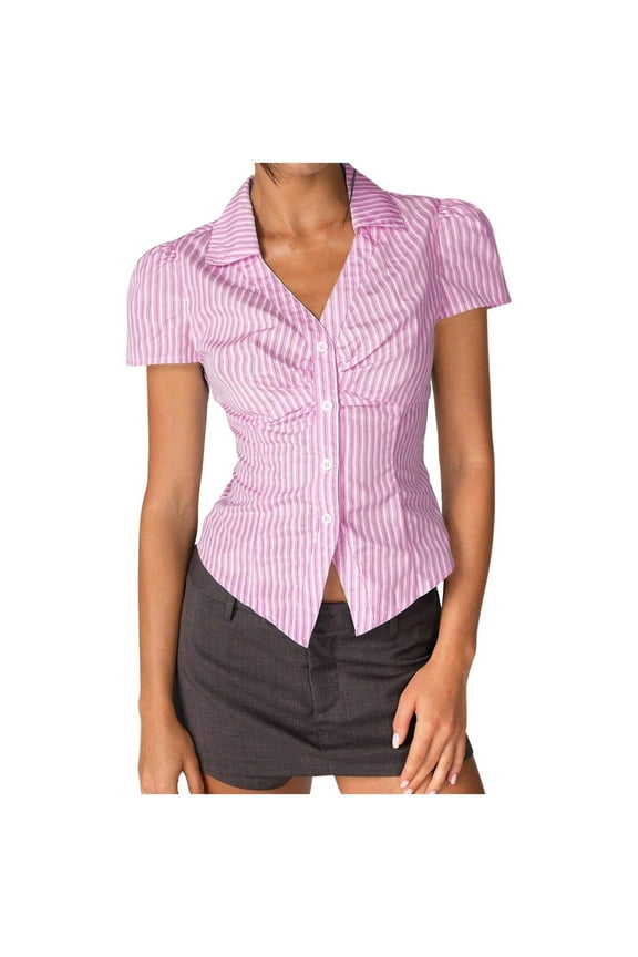 Womens Button Down Shirt Short Sleeve Stripes Fitted Y2k Tops Lapel V Neck Casual Fashion Summer Blouses (L, Pink)