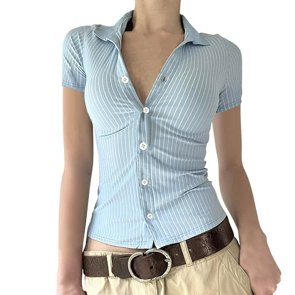 Womens Button Down Shirt Short Sleeve Stripes Fitted Y2k Tops Lapel V Neck Casual Fashion Summer Blouses (S, Blue A)