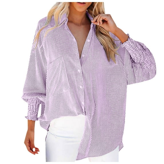 Womens Button Down Shirt Striped Print Dressy Casual Lapel Collar V-Neck Tunic Tops Long Sleeved Loose Fit Blouses with Pocket