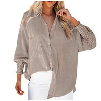 Womens Button Down Shirt Striped Print Dressy Casual Lapel Collar V-Neck Tunic Tops Long Sleeved Loose Fit Blouses with Pocket