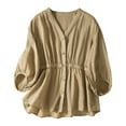 thumbnail image 1 of Womens Button Down Shirts 3/4 Length Sleeve Cotton Linen Summer Tops V Neck Loose Elastic Casual Babydoll Tees (X-Large, Khaki), 1 of 5