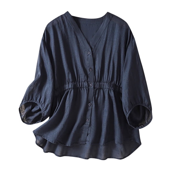 Womens Button Down Shirts 3/4 Length Sleeve Cotton Linen Summer Tops V Neck Loose Elastic Casual Babydoll Tees (X-Large, Navy)