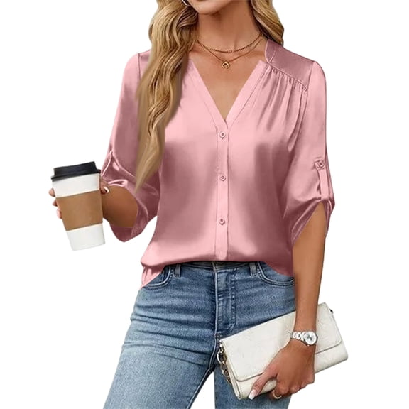 Womens Button Down Shirts 3/4 Sleeve Dressy Casual Tops Pleated Satin Silk Business Blouses 2025 Pink M